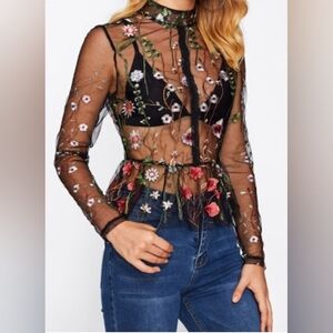 Floral Embroidered Sheer Black Top